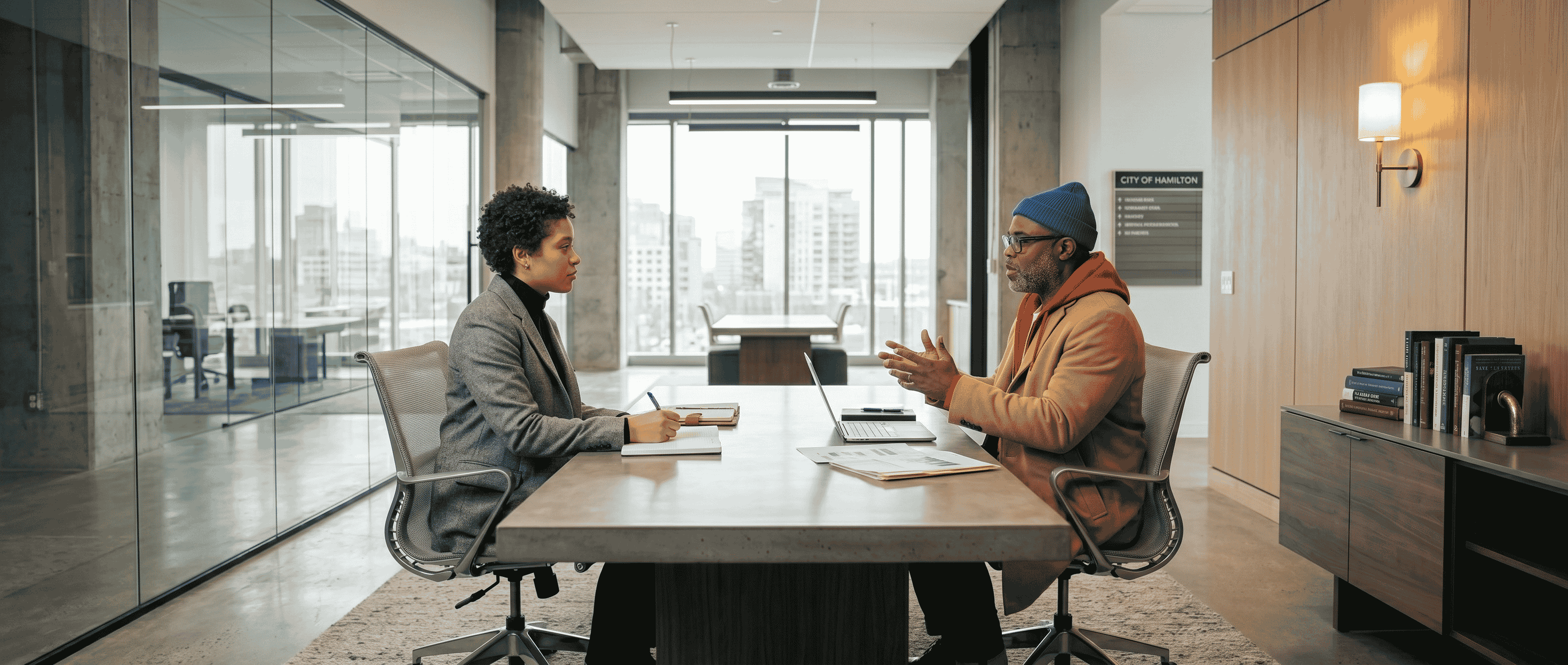 Nathan in conversation with a client across a boardroom table, notebooks and reference materials in frame. The work in progress.