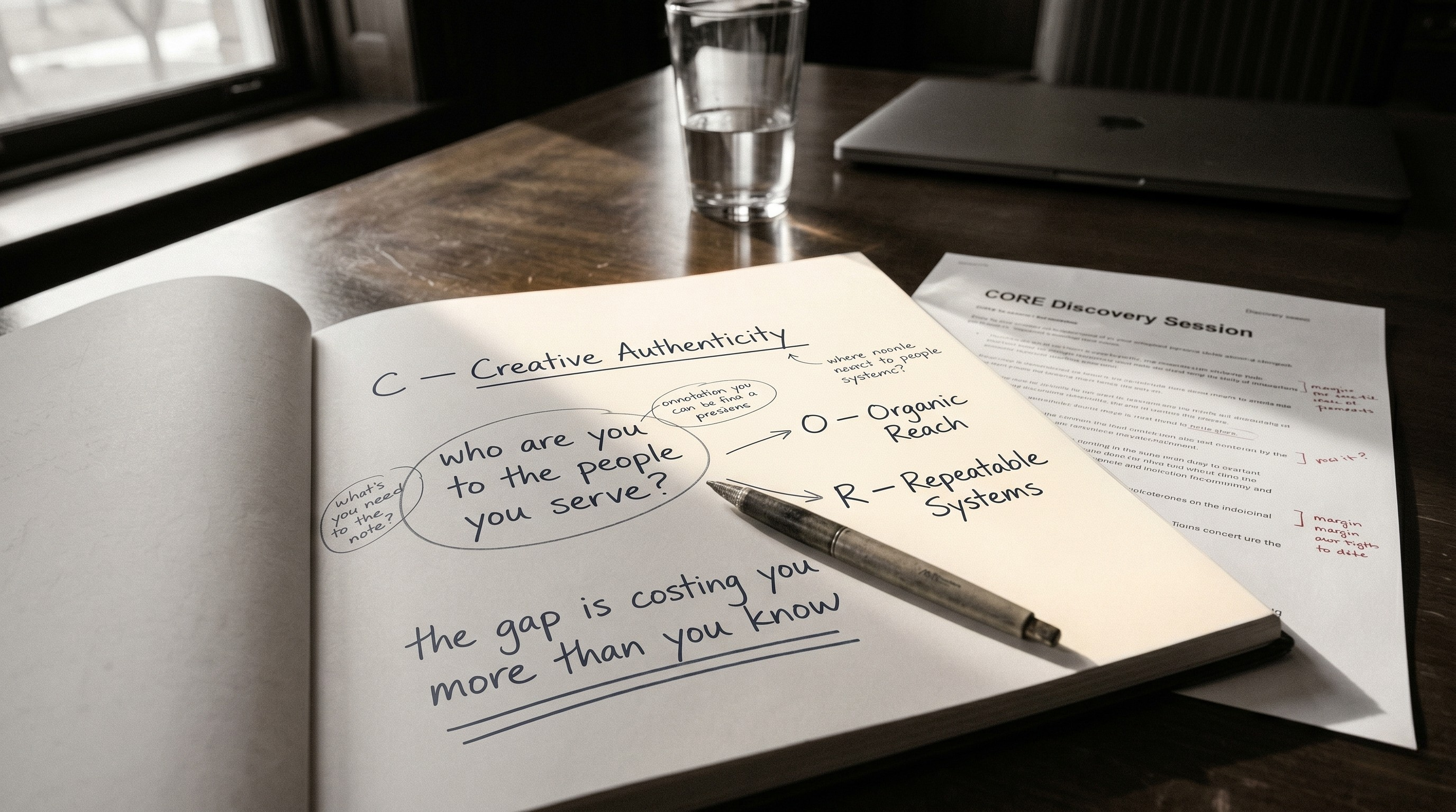 A discovery-session workbook open on a wooden desk, notes reading ‘Creative Authenticity’ and ‘the gap is costing you more than you know’. The craft behind the work.